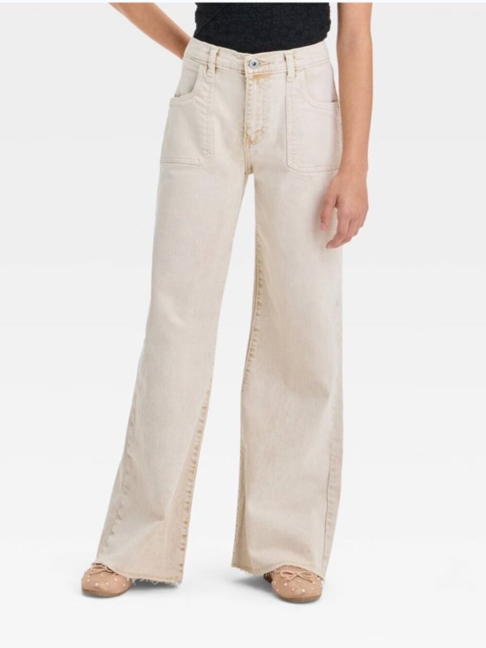 Art Class Girls Jeans Mid Rise Wide Leg Carpenter Raw Edge Beige
